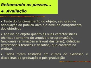 Teste do funcionamento do objeto, seu grau de adequação ao público-alvo e o nível de cumprimento dos objetivos   Análise do objeto quanto às suas características técnicas (tamanho do arquivo e programação), funcionais (animações e layout das telas), didáticas (referenciais teóricos e desafios) que constam no projeto. Todos foram testados em cursos de extensão e disciplinas de graduação e pós-graduação Retomando os passos... 4. Avaliação 
