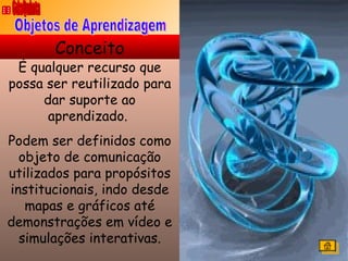 É qualquer recurso que possa ser reutilizado para dar suporte ao aprendizado.  Podem ser definidos como objeto de comunicação utilizados para propósitos institucionais, indo desde mapas e gráficos até demonstrações em vídeo e simulações interativas. Conceito Objetos de Aprendizagem 6daQuinta 