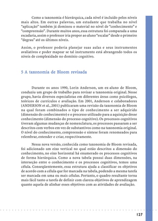 Como a taxonomia é hierárquica, cada nível é incluído pelos níveis
                            mais altos. Em outras palavras, um estudante que trabalha no nível
                            “aplicação” também já dominou o material no nível de “conhecimento” e
                            “compreensão”. Durante muitos anos, essa estrutura foi comparada a uma
                            escadaria, assim o professor iria propor ao aluno “escalar” desde o primeiro
                            “degrau” até os últimos níveis.

                            Assim, o professor poderia planejar suas aulas e seus instrumentos
                            avaliativos e poder mapear se tal instrumento está abrangendo todos os
                            níveis de complexidade no domínio cognitivo.



                                taxo         Bloom re
                            5 A taxonomia de Bloom revisada


                                   Durante os anos 1990, Lorin Anderson, um ex-aluno de Bloom,
                            conduziu um grupo de trabalho para revisar a taxonomia original. Nesse
                            grupo, havia diversos especialistas em diferentes áreas como psicólogos,
                            teóricos de currículos e avaliação. Em 2001, Anderson e colaboradores
                            (ANDERSON et al., 2001) publicaram uma revisão da taxonomia de Bloom
                            na qual foram combinados o tipo de conhecimento a ser adquirido
                            (dimensão do conhecimento) e o processo utilizado para a aquisição desse
                            conhecimento (dimensão do processo cognitivo). Os processos cognitivos
                            tiveram algumas mudanças de nomenclatura, os processos passaram a ser
                            descritos com verbos em vez de substantivos como na taxonomia original.
                            O nível do conhecimento, compreensão e síntese foram renomeados para
                            relembrar, entender e criar, respectivamente.

                                   Nessa nova versão, conhecida como taxonomia de Bloom revisada,
                            foi adicionado um eixo vertical no qual estão descritos a dimensão do
                            conhecimento, no eixo horizontal há enumerado os processos cognitivos
                            de forma hierárquica. Como a nova tabela possui duas dimensões, na
                            interseção entre o conhecimento e os processos cognitivos, temos uma
                            célula. Conseqüentemente, essa estrutura ajuda a classificar os objetivos
                            de acordo com a célula que for marcada na tabela, podendo a mesma tarefa
                            ser marcada em uma ou mais células. Portanto, o quadro resultante torna
                            mais fácil tanto a tarefa de definir com clareza objetivos de aprendizagem
                            quanto aquela de alinhar esses objetivos com as atividades de avaliação.




○   ○   ○   ○   ○   ○   ○   ○   ○   ○   ○   ○   ○   ○   ○   ○   ○   ○   ○   ○   ○   ○   ○   ○   ○   ○   ○   ○   ○   ○   ○   ○   ○   ○   ○   ○   ○   ○   ○   ○   ○   ○   ○   ○   ○   ○   ○   ○   ○   ○   ○   ○   ○




                                                                                                                                                                                        127
 