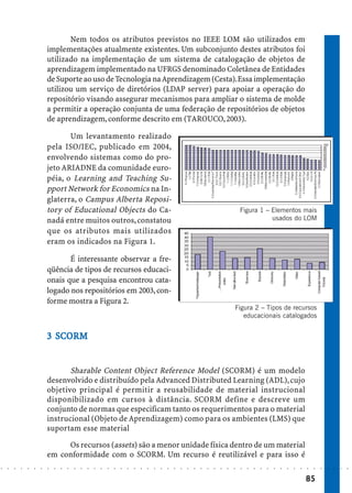 Nem todos os atributos previstos no IEEE LOM são utilizados em
                            implementações atualmente existentes. Um subconjunto destes atributos foi
                            utilizado na implementação de um sistema de catalogação de objetos de
                            aprendizagem implementado na UFRGS denominado Coletânea de Entidades
                            de Suporte ao uso de Tecnologia na Aprendizagem (Cesta). Essa implementação
                            utilizou um serviço de diretórios (LDAP server) para apoiar a operação do
                            repositório visando assegurar mecanismos para ampliar o sistema de molde
                            a permitir a operação conjunta de uma federação de repositórios de objetos
                            de aprendizagem, conforme descrito em (TAROUCO, 2003).

                                   Um levantamento realizado
                            pela ISO/IEC, publicado em 2004,
                            envolvendo sistemas como do pro-
                            jeto ARIADNE da comunidade euro-
                            péia, o Learning and Teaching Su-
                            pport Network for Economics na In-
                            glaterra, o Campus Alberta Reposi-
                            tory of Educational Objects do Ca-                                                                                  Figura 1 – Elementos mais
                            nadá entre muitos outros, constatou                                                                                            usados do LOM
                            que os atributos mais utilizados
                            eram os indicados na Figura 1.

                                   É interessante observar a fre-
                            qüência de tipos de recursos educaci-
                            onais que a pesquisa encontrou cata-
                            logado nos repositórios em 2003, con-
                            forme mostra a Figura 2.
                                                                                                                                            Figura 2 – Tipos de recursos
                                                                                                                                               educacionais catalogados


                            3 SCORM


                                   Sharable Content Object Reference Model (SCORM) é um modelo
                            desenvolvido e distribuído pela Advanced Distributed Learning (ADL), cujo
                            objetivo principal é permitir a reusabilidade de material instrucional
                            disponibilizado em cursos à distância. SCORM define e descreve um
                            conjunto de normas que especificam tanto os requerimentos para o material
                            instrucional (Objeto de Aprendizagem) como para os ambientes (LMS) que
                            suportam esse material

                                 Os recursos (assets) são a menor unidade física dentro de um material
                            em conformidade com o SCORM. Um recurso é reutilizável e para isso é
○   ○   ○   ○   ○   ○   ○   ○   ○   ○   ○   ○   ○   ○   ○   ○   ○   ○   ○   ○   ○   ○   ○   ○   ○   ○   ○   ○   ○   ○   ○   ○   ○   ○   ○   ○   ○   ○   ○   ○   ○   ○   ○   ○   ○   ○   ○   ○   ○   ○   ○   ○   ○




                                                                                                                                                                                        85
 