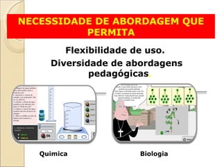 NECESSIDADE DE ABORDAGEM QUE PERMITA Flexibilidade de uso. Diversidade de abordagens pedagógicas . Quimica Biologia 