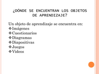 ¿DÓNDE SE ENCUENTRAN LOS OBJETOS
DE APRENDIZAJE?
Un objeto de aprendizaje se encuentra en:
Imágenes
Cuestionarios
Diagramas
Diapositivas
Juegos
Videos

 
