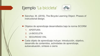 Ejemplo ‘La bicicleta’
 Sánchez, M. (2016). The Bicycle Learning Object. Phases of
instructional design.
 Objetos de aprendizaje desarrollados bajo la norma SCORM
1. APERTURA
2. LA BICICLETA
3. SEGURIDAD VIAL
 Cada objeto de aprendizaje incluye: introducción, objetivo,
desarrollo de contenidos, actividades de aprendizaje,
autoevaluación, síntesis o cierre
 