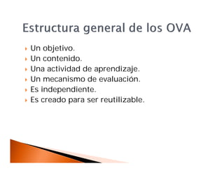  Un objetivo.
 Un contenido.
 Una actividad de aprendizaje.
 Un mecanismo de evaluación.
 Es independiente.
 Es creado para ser reutilizable.
 