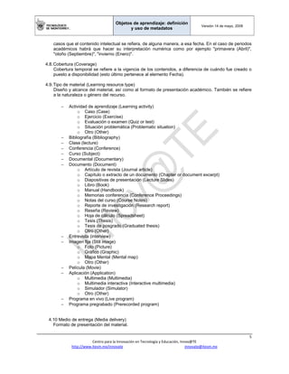Objetos de aprendizaje: definición
y uso de metadatos
Versión 14 de mayo, 2008
 
5 
Centro para la Innovación en Tecnología y Educación, Innov@TE 
http://www.itesm.mx/innovate                                                                    innovate@itesm.mx  
casos que el contenido intelectual se refiera, de alguna manera, a esa fecha. En el caso de periodos
académicos habrá que hacer su interpretación numérica como por ejemplo "primavera (Abril)",
"otoño (Septiembre)", "invierno (Enero)".
4.8.Cobertura (Coverage)
Cobertura temporal se refiere a la vigencia de los contenidos, a diferencia de cuándo fue creado o
puesto a disponibilidad (esto último pertenece al elemento Fecha).
4.9.Tipo de material (Learning resource type)
Diseño y alcance del material, así como al formato de presentación académico. También se refiere
a la naturaleza o género del recurso.
− Actividad de aprendizaje (Learning activity)
o Caso (Case)
o Ejercicio (Exercise)
o Evaluación o examen (Quiz or test)
o Situación problemática (Problematic situation)
o Otro (Other)
− Bibliografía (Bibliography)
− Clase (lecture)
− Conferencia (Conference)
− Curso (Subject)
− Documental (Documentary)
− Documento (Document)
o Artículo de revista (Journal article)
o Capítulo o extracto de un documento (Chapter or document excerpt)
o Diapositivas de presentación (Lecture Slides)
o Libro (Book)
o Manual (Handbook)
o Memorias conferencia (Conference Proceedings)
o Notas del curso (Course Notes)
o Reporte de investigación (Research report)
o Reseña (Review)
o Hoja de cálculo (Spreadsheet)
o Tesis (Thesis)
o Tesis de posgrado (Graduated thesis)
o Otro (Other)
− Entrevista (interview)
− Imagen fija (Still image)
o Foto (Picture)
o Gráfico (Graphic)
o Mapa Mental (Mental map)
o Otro (Other)
− Película (Movie)
− Aplicación (Application)
o Multimedia (Multimedia)
o Multimedia interactiva (Interactive multimedia)
o Simulador (Simulator)
o Otro (Other)
− Programa en vivo (Live program)
− Programa pregrabado (Prerecorded program)
4.10 Medio de entrega (Media delivery)
Formato de presentación del material.
 