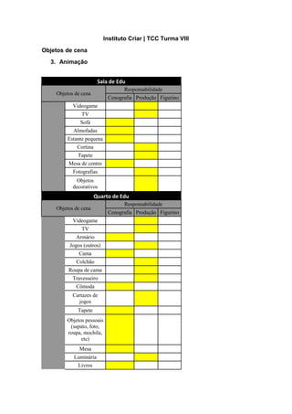 Instituto Criar | TCC Turma VIII
Objetos de cena
  3. Animação


                        Sala de Edu
                                  Responsabilidade
    Objetos de cena
                            Cenografia Produção Figurino
           Videogame
               TV
              Sofá
           Almofadas
        Estante pequena
             Cortina
             Tapete
         Mesa de centro
           Fotografias
             Objetos
           decorativos
                       Quarto de Edu
                                  Responsabilidade
    Objetos de cena
                            Cenografia Produção Figurino
           Videogame
               TV
            Armário
         Jogos (outros)
             Cama
            Colchão
         Roupa de cama
           Travesseiro
            Cômoda
           Cartazes de
             jogos
             Tapete
        Objetos pessoais
         (sapato, foto,
        roupa, mochila,
              etc)
              Mesa
           Luminária
             Livros
 