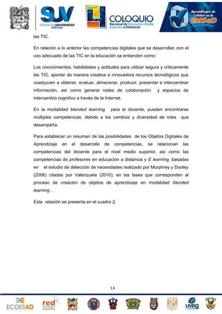 las TIC.
En relación a lo anterior las competencias digitales que se desarrollan con el
uso adecuado de las TIC en la educación se entienden como:
Los conocimientos, habilidades y actitudes para utilizar segura y críticamente
las TIC, aportar de manera creativa e innovadora recursos tecnológicos que
coadyuven a obtener, evaluar, almacenar, producir, presentar e intercambiar
información, así como generar redes de colaboración

y espacios de

intercambio cognitivo a través de la Internet.
En la modalidad blended learning,

para el docente, pueden encontrarse

múltiples competencias, debido a los cambios y diversidad de roles

que

desempeña.
Para establecer un resumen de las posibilidades de los Objetos Digitales de
Aprendizaje

en

el

desarrollo

de

competencias,

se

relacionan

las

competencias del docente para el nivel medio superior, así como las
competencias de profesores en educación a distancia y E learning, basadas
en

el estudio de detección de necesidades realizado por Murphrey y Dooley

(2006) citadas por Valenzuela (2010), en las fases que corresponden al
proceso de creación de objetos de aprendizaje en modalidad blended
learning .
Esta relación se presenta en el cuadro 2.

14

 
