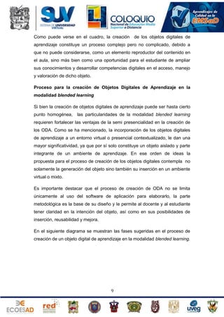Como puede verse en el cuadro, la creación

de los objetos digitales de

aprendizaje constituye un proceso complejo pero no complicado, debido a
que no puede considerarse, como un elemento reproductor del contenido en
el aula, sino más bien como una oportunidad para el estudiante de ampliar
sus conocimientos y desarrollar competencias digitales en el acceso, manejo
y valoración de dicho objeto.
Proceso para la creación de Objetos Digitales de Aprendizaje en la
modalidad blended learning
Si bien la creación de objetos digitales de aprendizaje puede ser hasta cierto
punto homogénea,

las particularidades de la modalidad blended learning

requieren fortalecer las ventajas de la semi presencialidad en la creación de
los ODA. Como se ha mencionado, la incorporación de los objetos digitales
de aprendizaje a un entorno virtual o presencial contextualizado, le dan una
mayor significatividad, ya que por sí solo constituye un objeto aislado y parte
integrante de un ambiente de aprendizaje. En ese orden de ideas la
propuesta para el proceso de creación de los objetos digitales contempla no
solamente la generación del objeto sino también su inserción en un ambiente
virtual o mixto.
Es importante destacar que el proceso de creación de ODA no se limita
únicamente al uso del software de aplicación para elaborarlo, la parte
metodológica es la base de su diseño y le permite al docente y al estudiante
tener claridad en la intención del objeto, así como en sus posibilidades de
inserción, reusabilidad y mejora.
En el siguiente diagrama se muestran las fases sugeridas en el proceso de
creación de un objeto digital de aprendizaje en la modalidad blended learning.

9

 