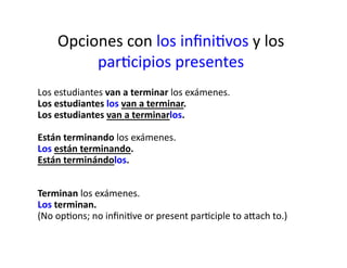 Opciones	
  con	
  los	
  inﬁni@vos	
  y	
  los	
  
            par@cipios	
  presentes	
  
Los	
  estudiantes	
  van	
  a	
  terminar	
  los	
  exámenes.	
  
Los	
  estudiantes	
  los	
  van	
  a	
  terminar.	
  
Los	
  estudiantes	
  van	
  a	
  terminarlos.	
  	
  	
  

Están	
  terminando	
  los	
  exámenes.	
  
Los	
  están	
  terminando.	
  
Están	
  terminándolos.	
  


Terminan	
  los	
  exámenes.	
  	
  
Los	
  terminan.	
  	
  	
  
(No	
  op@ons;	
  no	
  inﬁni@ve	
  or	
  present	
  par@ciple	
  to	
  aAach	
  to.)	
  
 