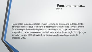 Requisições são empacotadas em um formato de plataforma independente,
através do cliente stub (ou no DII) e desempacotadas no lado servidor em um
formato especifico definido pelo IDL skeleton (ou no DSI) e pelo objeto
adaptador, que serve como um mediador entre a implementação do objeto , o
servidor, e o seu ORB, através disso desacoplando o código usuário do
processo ORB.
Funcionamento...
Etapa 5
 