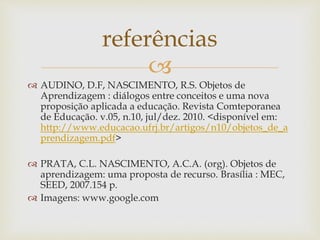 
 AUDINO, D.F, NASCIMENTO, R.S. Objetos de
Aprendizagem : diálogos entre conceitos e uma nova
proposição aplicada a educação. Revista Comteporanea
de Educação. v.05, n.10, jul/dez. 2010. <disponível em:
http://www.educacao.ufrj.br/artigos/n10/objetos_de_a
prendizagem.pdf>
 PRATA, C.L. NASCIMENTO, A.C.A. (org). Objetos de
aprendizagem: uma proposta de recurso. Brasília : MEC,
SEED, 2007.154 p.
 Imagens: www.google.com
referências
 