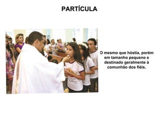 PARTÍCULA




            O mesmo que hóstia, porém
              em tamanho pequeno e
              destinado geralmente à
               comunhão dos fiéis.
 