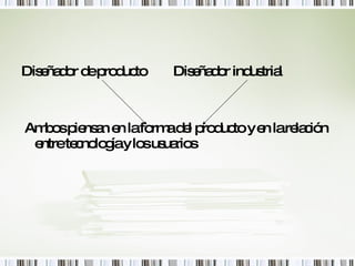 Diseñador de producto  Diseñador industrial Ambos piensan en la forma del producto y en la relación entre tecnología y los usuarios 