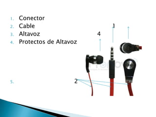 1.   Conector
2.   Cable                      1
3.   Altavoz                4
4.   Protectos de Altavoz




5.                      2
 
