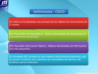 Definiciones - CISCO

En CISCO se ha adoptado una jerarquía de los objetos de conocimiento de
2 niveles:


RLO: Reusable L...