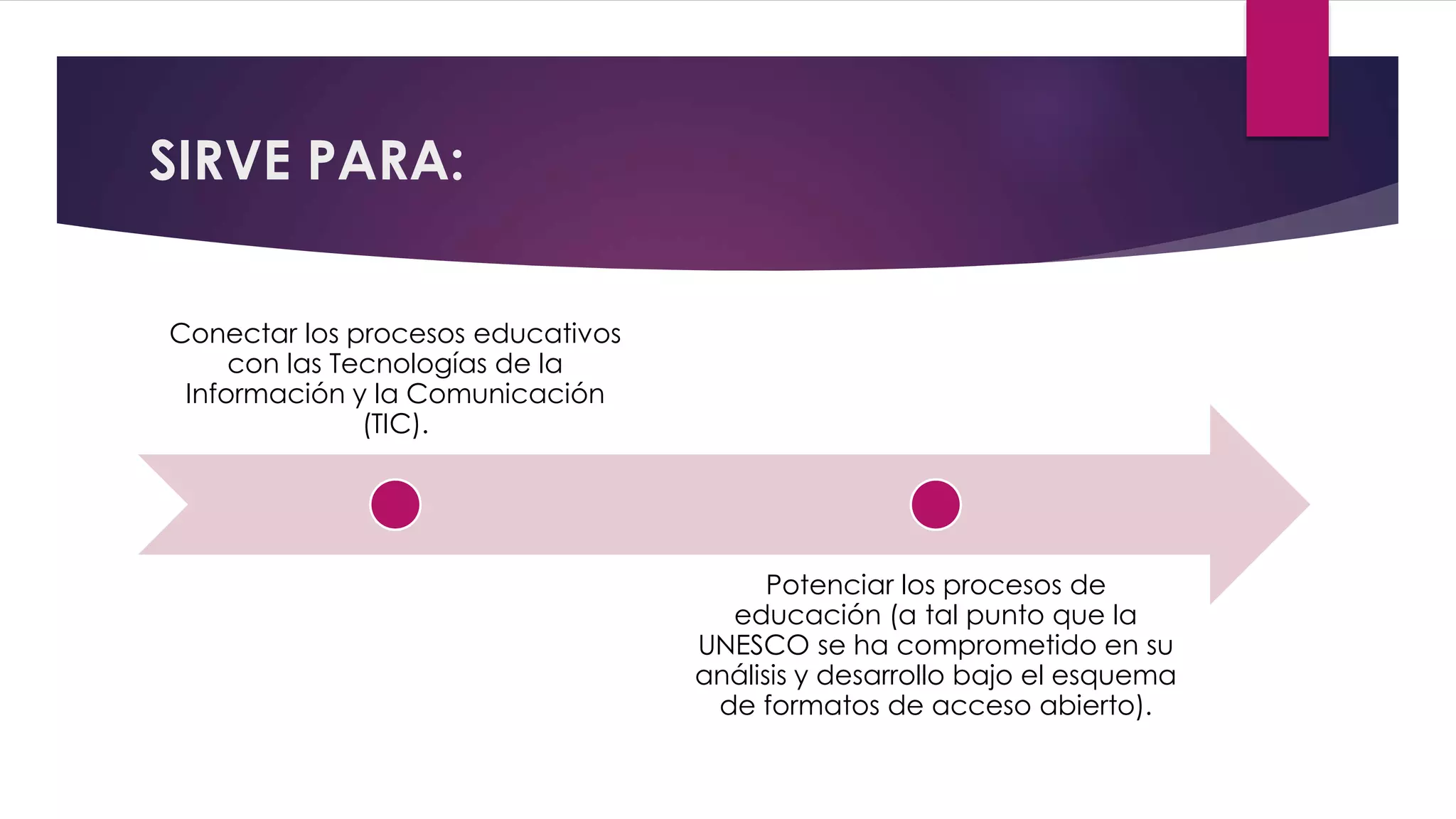 SIRVE PARA:
Conectar los procesos educativos
con las Tecnologías de la
Información y la Comunicación
(TIC).
Potenciar los procesos de
educación (a tal punto que la
UNESCO se ha comprometido en su
análisis y desarrollo bajo el esquema
de formatos de acceso abierto).
 