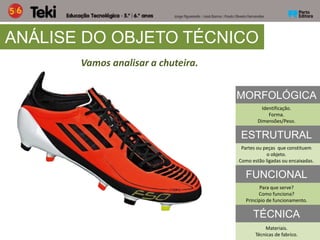Vamos analisar a chuteira.
MORFOLÓGICA
FUNCIONAL
ESTRUTURAL
TÉCNICA
Identificação.
Forma.
Dimensões/Peso.
Partes ou peças que constituem
o objeto.
Como estão ligadas ou encaixadas.
Para que serve?
Como funciona?
Princípio de funcionamento.
Materiais.
Técnicas de fabrico.
ANÁLISE DO OBJETO TÉCNICO
 