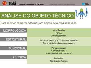 Para melhor compreendermos um objeto devemos analisá-lo.
ANÁLISE DO OBJETO TÉCNICO
MORFOLÓGICA
FUNCIONAL
ESTRUTURAL
TÉCNICA
Identificação.
Forma.
Dimensões/Peso.
Partes ou peças que constituem o objeto.
Como estão ligadas ou encaixadas.
Para que serve?
Como funciona?
Princípio de funcionamento.
Materiais.
Técnicas de fabrico.
 