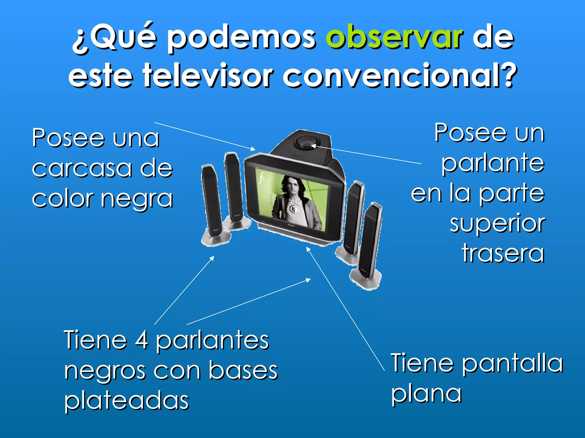¿Qué podemos observar de
  este televisor convencional?
Posee una               Posee un
carcasa de               parlante
color negra            en la parte
                          superior
                           trasera


  Tiene 4 parlantes
  negros con bases    Tiene pantalla
  plateadas           plana
 