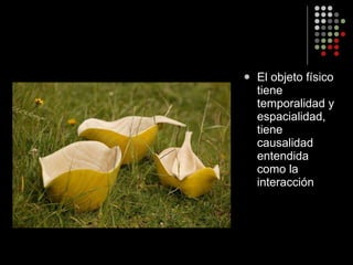 El objeto físico tiene temporalidad y espacialidad, tiene causalidad entendida como la interacción 