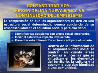 CONTABILIDAD HOY:  SURGIR DE UNA NUEVA ÉPOCA VS. CONTINUIDAD DEL EMPIRISMO Identificar las decisiones con efecto social importante. Medir el esfuerzo o impacto involucrado. Presentar esta información en forma útil para el usuario. La comprensión de que las organizaciones existen en una estructura social determinada, genera conciencia de su responsabilidad en el equilibrio social y para ello debe: Dentro de la información de su responsabilidad social se tendrán en cuenta áreas externas e internas que se sintetizan en los elementos del territorio, la cultura y la economía que dan identidad a una comunidad. 