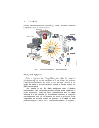 14    LCN n°4-2002

possible directement entre les dispositifs qui seront dʹabord mis en relation
par lʹintermédiaire du communicateur.




               Figure 1 : Différents environnements d’objets communicants


Objets passifs et phycônes

    Gérés et interfacés par lʹintermédiaire dʹun objet des catégories
précédentes qui leur sert de mandataire et le cas échéant de conteneur
dʹidentification/localisation, ces objets ne sont pas des ʺcitoyensʺ à part
entière du réseau, et peuvent apparaître comme le ʺbas de gammeʺ des
objets communicants.
    Pour prendre le cas des objets simplement dotés dʹétiquettes
électroniques, il sʹagit pourtant en fait de la catégorie la plus importante en
termes quantitatifs, puisquʹelle inclut potentiellement tous les objets
matériels de la vie courante qui deviendraient localisables et identifiables
individuellement. Une vue très grossière des ordres de grandeurs illustre
lʹimportance des volumes d’objets en question : si les objets de notre
première catégorie ci-dessus, PDAs ou téléphones mobiles, se comptent à
 