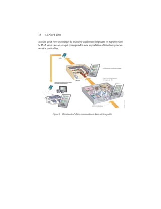 18    LCN n°4-2002

associé peut être téléchargé de manière également implicite en rapprochant
le PDA de cet écran, ce qui correspond à une exportation dʹinterface pour ce
service particulier.




            Figure 2 : Un scénario d’objets communicants dans un lieu public
 