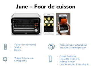 June – Four de cuisson
-­‐  Reconnaissance	
  automa,que	
  
des	
  plats	
  &	
  coaching	
  cuisson	
  
-­‐  T°	
  (four+	
  sonde	
  interne)	
  
-­‐  Caméra	
  
-­‐  Balance	
  
-­‐  Dataviz	
  &	
  aler,ng	
  
-­‐  Flux	
  vidéo	
  retransmis	
  
-­‐  Pilotage	
  manuel	
  
-­‐  Livre	
  de	
  receTes	
  &	
  shopping	
  list	
  
-­‐  Pilotage	
  de	
  la	
  cuisson	
  
-­‐  Aler,ng	
  de	
  ﬁn	
  
 