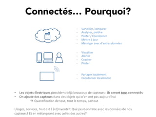 Connectés… Pourquoi?
•  Les	
  objets	
  électriques	
  possèdent	
  déjà	
  beaucoup	
  de	
  capteurs	
  :	
  ils	
  seront	
  tous	
  connectés	
  	
  
•  On	
  ajoute	
  des	
  capteurs	
  dans	
  des	
  objets	
  qui	
  n’en	
  ont	
  pas	
  aujourd’hui	
  
	
  à	
  Quan,ﬁca,on	
  de	
  tout,	
  tout	
  le	
  temps,	
  partout	
  
	
  
Usages,	
  services,	
  tout	
  est	
  à	
  (ré)inventer:	
  Que	
  peut-­‐on	
  faire	
  avec	
  les	
  données	
  de	
  nos	
  
capteurs?	
  Et	
  en	
  mélangeant	
  avec	
  celles	
  des	
  autres?	
  
-­‐  Surveiller,	
  comparer	
  
-­‐  Analyser,	
  prédire	
  
-­‐  Piloter	
  /	
  Coordonner	
  
-­‐  MeTre	
  à	
  jour	
  
-­‐  Mélanger	
  avec	
  d’autres	
  données	
  
-­‐  Visualiser	
  
-­‐  Alerter	
  
-­‐  Coacher	
  
-­‐  Piloter	
  
-­‐  Partager	
  localement	
  
-­‐  Coordonner	
  localement	
  
 