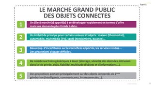 Un intérêt de principe pour certains univers et objets : maison (thermostat),
automobile, multimédia (TV), santé (tensiomètre, balance)…
De nombreux freins génériques à lever (piratage, sécurité des données, intrusion
dans la vie privée, coût, fiabilité, multitude d’objets et d’informations…).
14
LE MARCHE GRAND PUBLIC
DES OBJETS CONNECTES
© Harris Interactive
Un (Des) marché(s) appelé(s) à se développer rapidement en termes d’offre
mais une demande plus timide à date.
Beaucoup d’incertitudes sur les bénéfices apportés, les services rendus….
Des projections d’usage difficiles.
Des projections portant principalement sur des objets connectés de 2ème
génération (intelligents, communicants, interconnectés…).
1
2
3
4
5
 