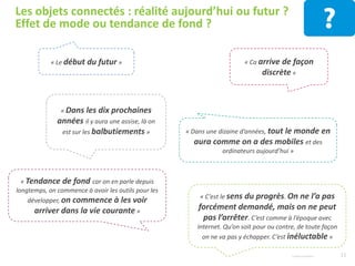 11© Harris Interactive
Les objets connectés dans l’univers de la Maison
(sécurité, confort, économies d’énergie)
62% sont intéressés
4% sont équipés
31% ont l’intention de s’équiper
24% sont intéressés
13% ont l’intention de s’équiper
> 8 OBJETS ETUDIES, CLASSES PAR NIVEAU D’INTERET AUPRES DU GRAND PUBLIC :
1. Chauffage connecté/thermostat intelligent (62%)
2. Système de surveillance connecté (53%)
3. Compteur d'eau, gaz ou électricité connecté (52%)
4. Lampes connectées/ampoules télécommandables (45%)
5. Box domotique connectée (45%)
6. Station météo connectée (39%)
7. Clé/serrure connectée (38%)
8. Plantes vertes/pots de fleur connectés (24%)
> La box domotique remonte en 3ème position en termes d’intérêt pour les 25-49 ans (51%) et les Technophiles (74%).
> Les objets sécuritaires (système de surveillance ou clé/serrure connectés) ont autant d’intérêt pour les 50 ans et +
que pour l’ensemble des Français.!
+24 pts d’intérêt
+15 pts d’intention
*
*Après explication des bénéfices, comparé à la 1ère vague de l’Observatoire Harris Interactive/EBG (janvier 2014)
 