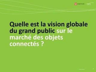 Pour près de 6 français sur 10
Les OC sont synonymes
de progrès
69% 15-24 / 55% 50+
Pour près d’1 français sur 2
Les OC faciliteront
la vie au quotidien
61% 15-24 / 43% 50+
Pour plus de 2 français sur 5
Les OC permettront
de faire des économies
(temps, argent, énergie…)
49% H / 39% F
55% 25-34 / 39% 50+
7© Harris Interactive
Bénéfices associés aux objets connectés
49%59%
44%
et d ’accroître la
sécurité dans de
nombreux domaines
(maison, voiture, santé…)
47% H / 41% F
 