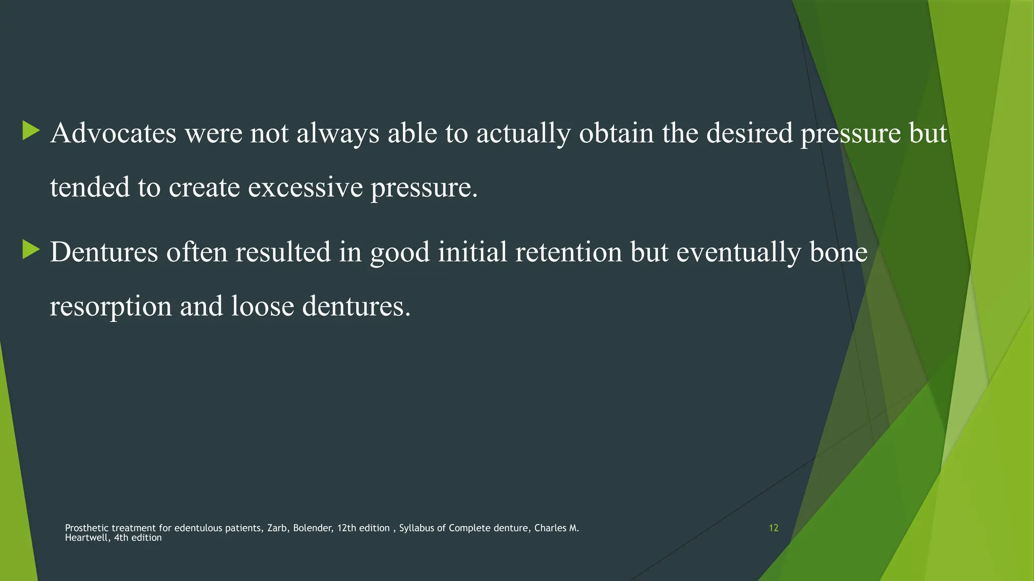 Prosthetic treatment for edentulous patients, Zarb, Bolender, 12th edition , Syllabus of Complete denture, Charles M.
Heartwell, 4th edition
12
 Advocates were not always able to actually obtain the desired pressure but
tended to create excessive pressure.
 Dentures often resulted in good initial retention but eventually bone
resorption and loose dentures.
 