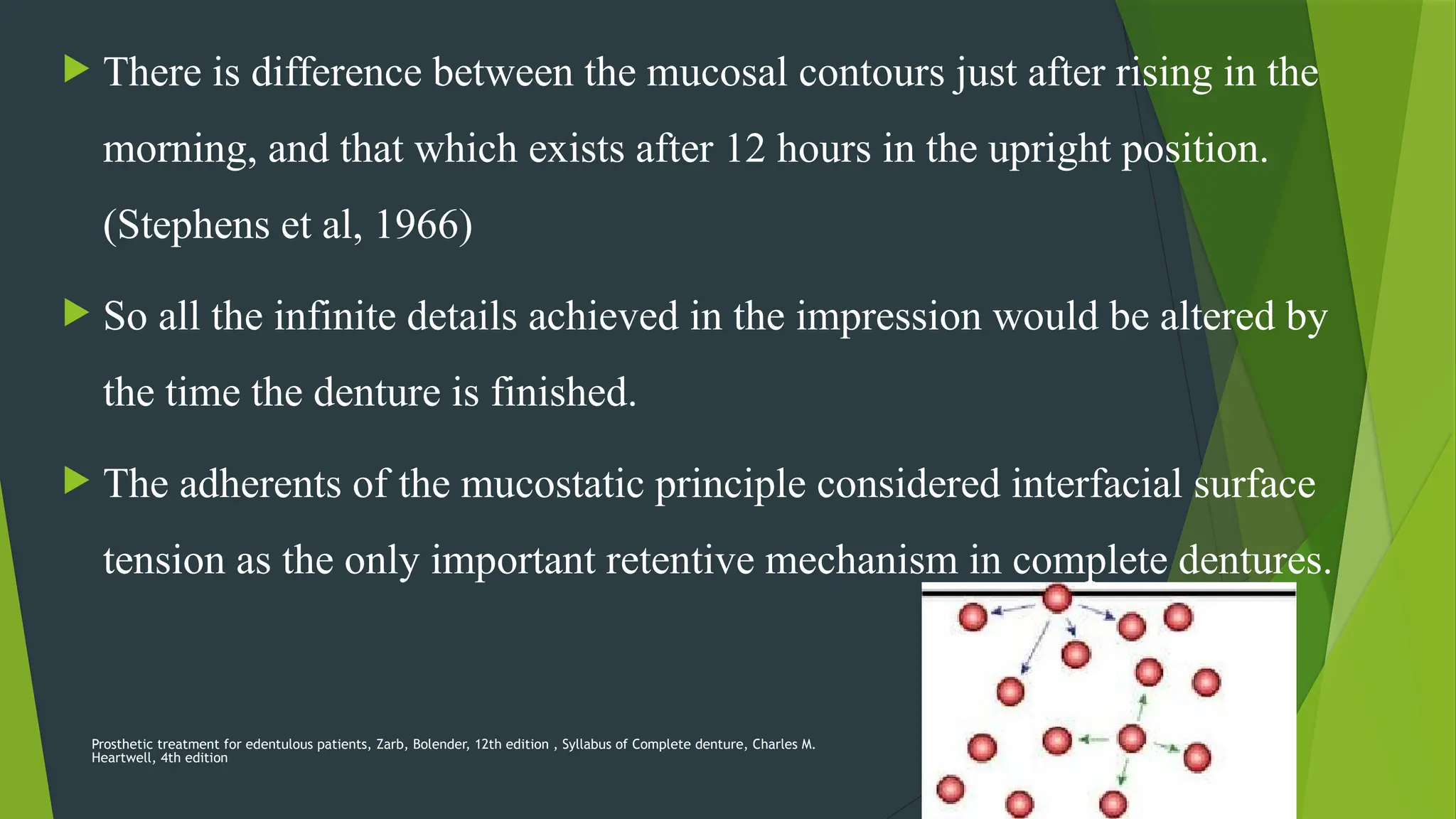 Prosthetic treatment for edentulous patients, Zarb, Bolender, 12th edition , Syllabus of Complete denture, Charles M.
Heartwell, 4th edition
17
 There is difference between the mucosal contours just after rising in the
morning, and that which exists after 12 hours in the upright position.
(Stephens et al, 1966)
 So all the infinite details achieved in the impression would be altered by
the time the denture is finished.
 The adherents of the mucostatic principle considered interfacial surface
tension as the only important retentive mechanism in complete dentures.
 