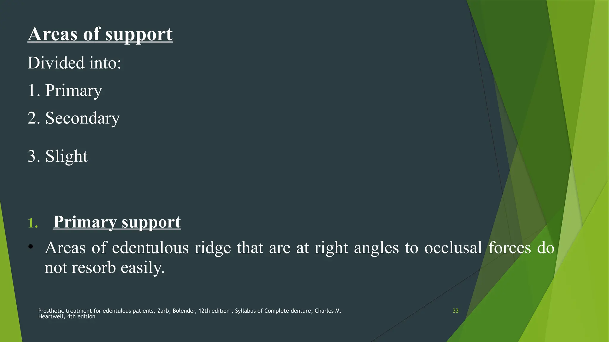 Prosthetic treatment for edentulous patients, Zarb, Bolender, 12th edition , Syllabus of Complete denture, Charles M.
Heartwell, 4th edition
33
Areas of support
Divided into:
1. Primary
2. Secondary
3. Slight
1. Primary support
• Areas of edentulous ridge that are at right angles to occlusal forces do
not resorb easily.
 