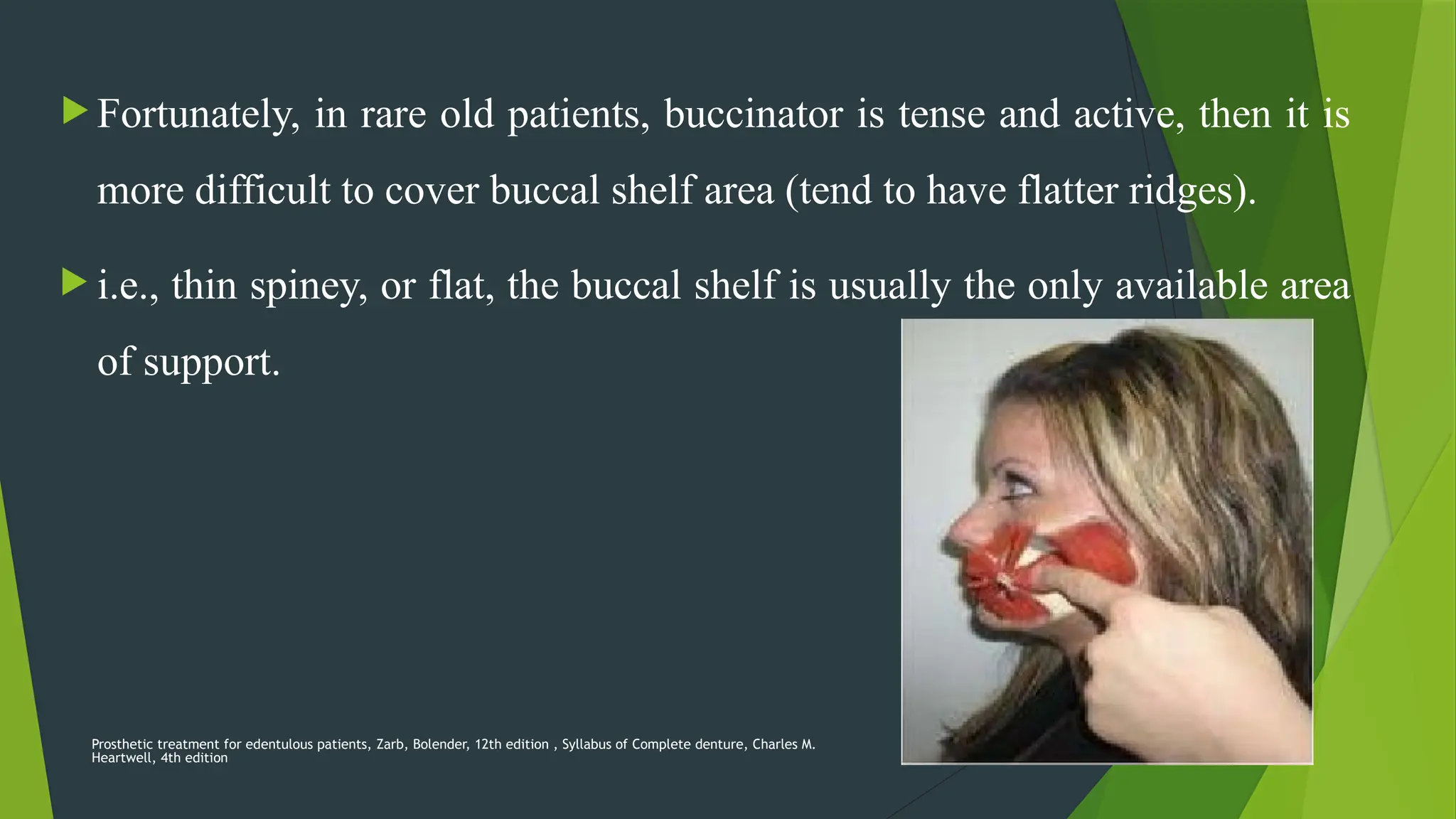 Prosthetic treatment for edentulous patients, Zarb, Bolender, 12th edition , Syllabus of Complete denture, Charles M.
Heartwell, 4th edition
40
 Fortunately, in rare old patients, buccinator is tense and active, then it is
more difficult to cover buccal shelf area (tend to have flatter ridges).
 i.e., thin spiney, or flat, the buccal shelf is usually the only available area
of support.
 