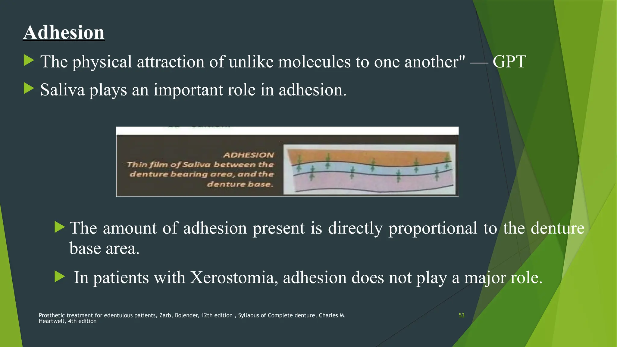 Prosthetic treatment for edentulous patients, Zarb, Bolender, 12th edition , Syllabus of Complete denture, Charles M.
Heartwell, 4th edition
53
Adhesion
 The physical attraction of unlike molecules to one another" — GPT
 Saliva plays an important role in adhesion.
 The amount of adhesion present is directly proportional to the denture
base area.
 In patients with Xerostomia, adhesion does not play a major role.
 
