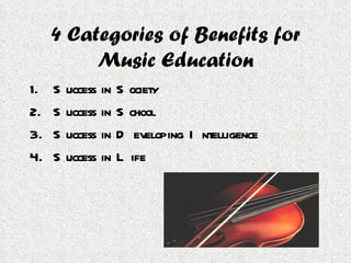 4 Categories of Benefits for Music Education Success in Society Success in School Success in Developing Intelligence Success in Life 