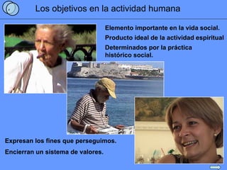Los objetivos en la actividad humana 4 Elemento importante en la vida social. Producto ideal de la actividad espiritual Determinados por la práctica histórico social. Expresan los fines que perseguimos. Encierran un sistema de valores. 