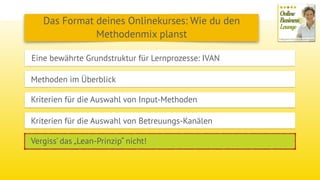 Eine bewährte Grundstruktur für Lernprozesse: IVAN
Methoden im Überblick
Das Format deines Onlinekurses: Wie du den
Methodenmix planst
Kriterien für die Auswahl von Input-Methoden
Kriterien für die Auswahl von Betreuungs-Kanälen
Vergiss’ das „Lean-Prinzip“ nicht!
 