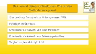 Eine bewährte Grundstruktur für Lernprozesse: IVAN
Methoden im Überblick
Das Format deines Onlinekurses: Wie du den
Methodenmix planst
Kriterien für die Auswahl von Input-Methoden
Kriterien für die Auswahl von Betreuungs-Kanälen
Vergiss’ das „Lean-Prinzip“ nicht!
 