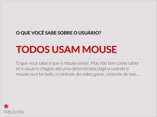 O cara pode estar em um feature phone ou um
computador velho. Nunca existirão apenas
computadores rápidos.
Computadores rápidos?
 