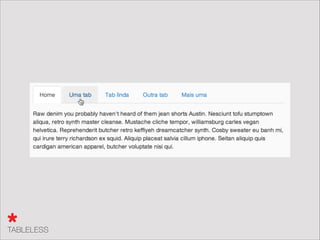 Conteúdo
O Responsive não resolve seu problema de conteúdo. Isso
NÃO significa que você precisa servir conteúdos diferentes
para mobile e desktop.
 