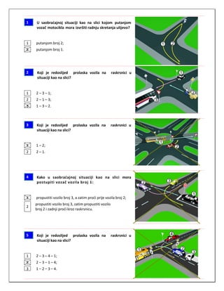 1 U saobraćajnoj situaciji kao na slici kojom putanjom
vozač motocikla mora izvršiti radnju skretanja ulijevo?
1 putanjom broj 2;
2 putanjom broj 1.
2 Koji je redoslijed prolaska vozila na raskrsnici u
situaciji kao na slici?
1 2 – 3 – 1;
2 2 – 1 – 3;
3 1 – 3 – 2.
3 Koji je redoslijed prolaska vozila na raskrsnici u
situaciji kao na slici?
1 1 – 2;
2 2 – 1.
4 Kako u saobraćajnoj situaciji kao na slici mora
postupiti vozač vozila broj 1:
1 propustiti vozilo broj 3, a zatim proći prije vozila broj 2;
2
propustiti vozilo broj 3, zatim propustiti vozilo
broj 2 i zadnji proći kroz raskrsnicu.
5 Koji je redoslijed prolaska vozila na raskrsnici u
situaciji kao na slici?
1 2 – 3 – 4 – 1;
2 2 – 3 – 1 – 4;
3 1 – 2 – 3 – 4.
 