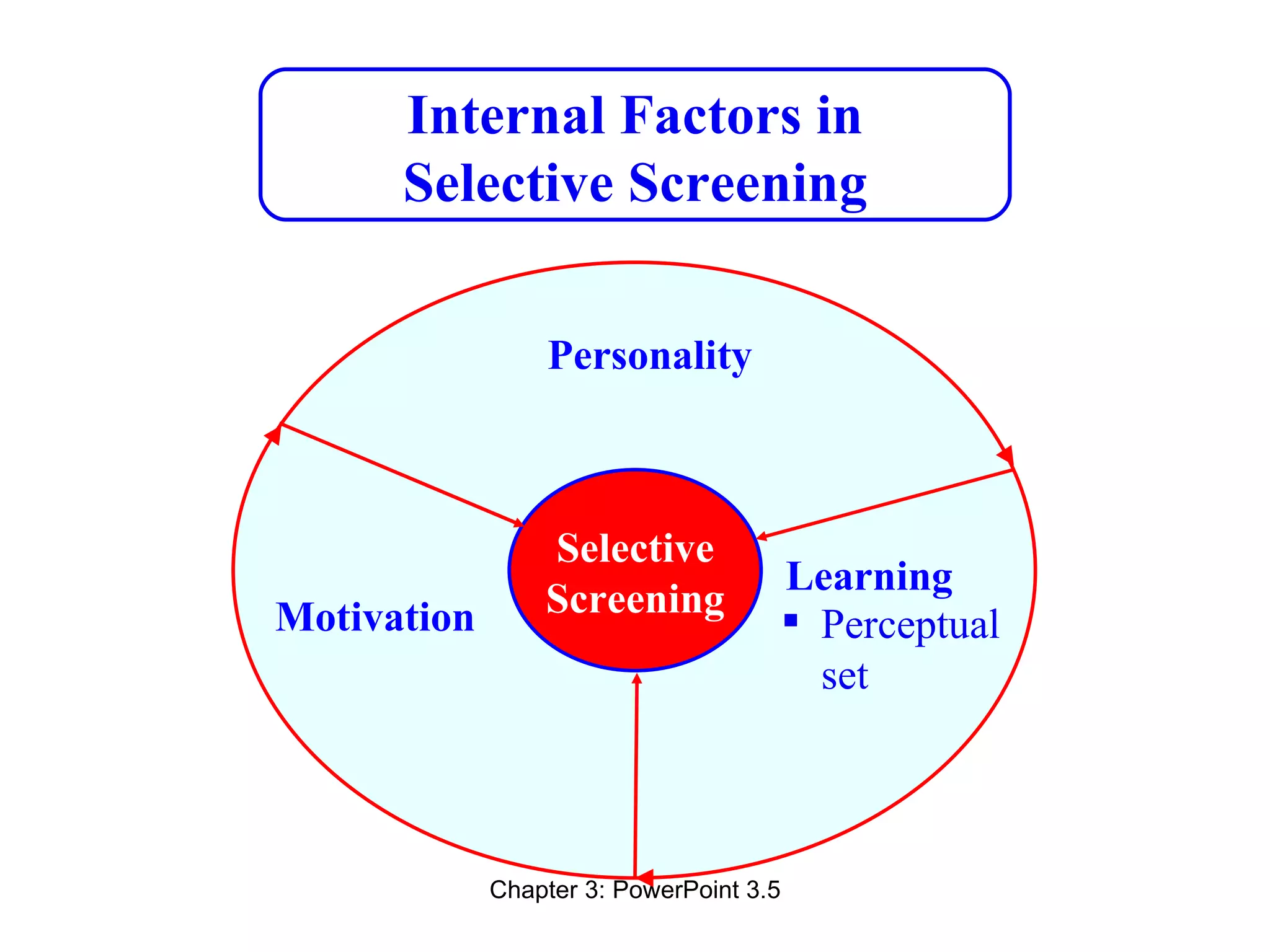 Internal Factors in
      Selective Screening

                 Personality



                 Selective
                                         Learning
Motivation       Screening
                                          Perceptual
                                           set



             Chapter 3: PowerPoint 3.5
 