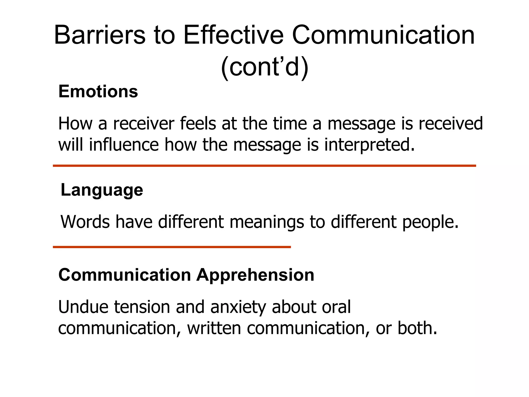 Barriers to Effective Communication
               (cont’d)
Emotions
How a receiver feels at the time a message is received
will influence how the message is interpreted.

Language
Words have different meanings to different people.

Communication Apprehension
Undue tension and anxiety about oral
communication, written communication, or both.
 