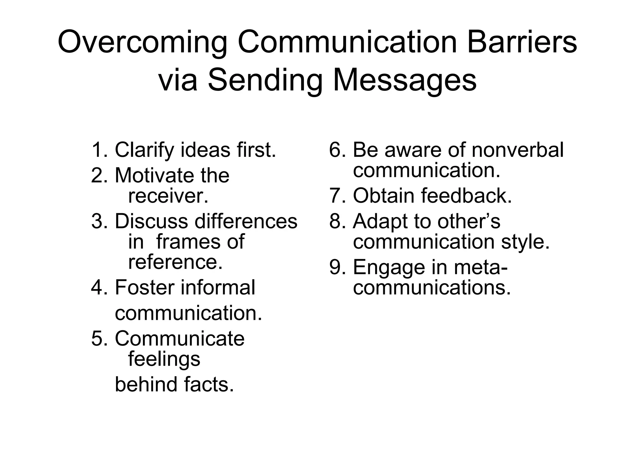 Overcoming Communication Barriers
      via Sending Messages

  1. Clarify ideas first.   6. Be aware of nonverbal
  2. Motivate the              communication.
      receiver.             7. Obtain feedback.
  3. Discuss differences    8. Adapt to other’s
      in frames of             communication style.
      reference.            9. Engage in meta-
  4. Foster informal           communications.
     communication.
  5. Communicate
      feelings
     behind facts.
 