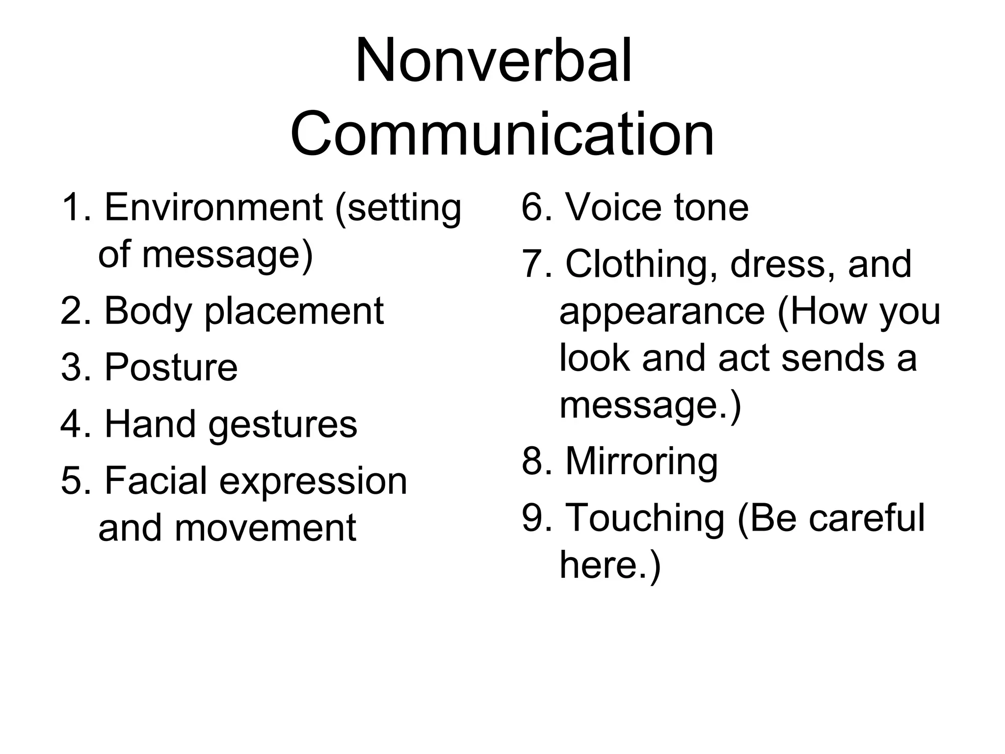 Nonverbal
             Communication
1. Environment (setting   6. Voice tone
  of message)             7. Clothing, dress, and
2. Body placement           appearance (How you
3. Posture                  look and act sends a
4. Hand gestures            message.)
                          8. Mirroring
5. Facial expression
  and movement            9. Touching (Be careful
                            here.)
 