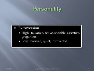 PersonalityLearning Behaviour 2Indentify some personality traits that affect behaviour.9/6/2011Organizational behaviour Lesson 213