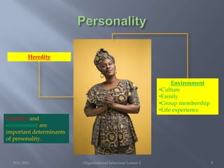 Personality9/6/2011Organizational behaviour Lesson 25HeredityEnvironmentCulture